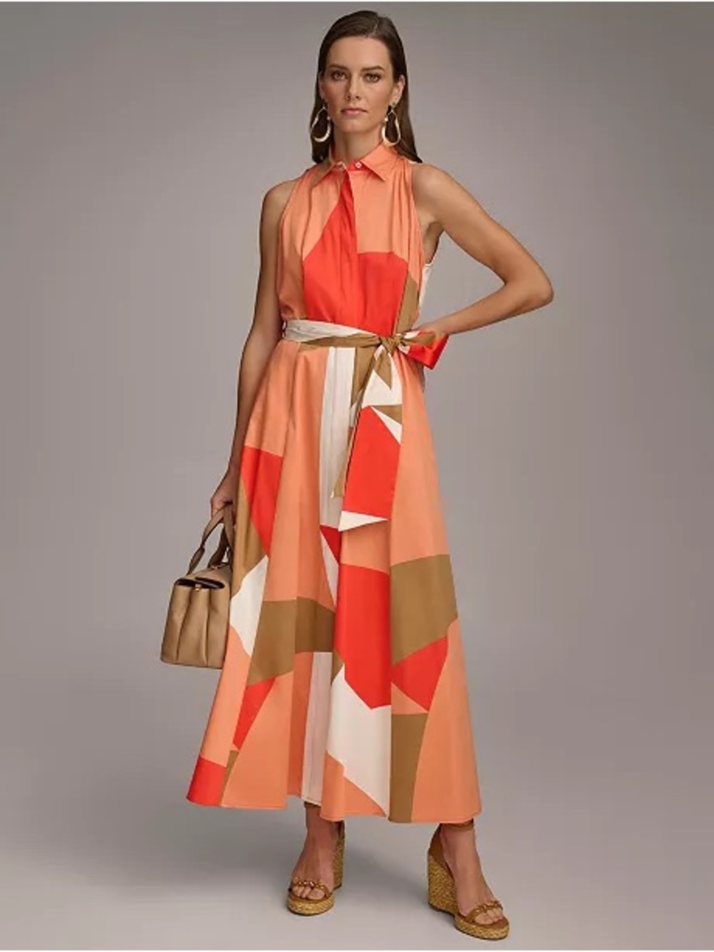 Donna Karan Collared Button-Front Maxi Dress Orange Multicolored Size 14 NWT